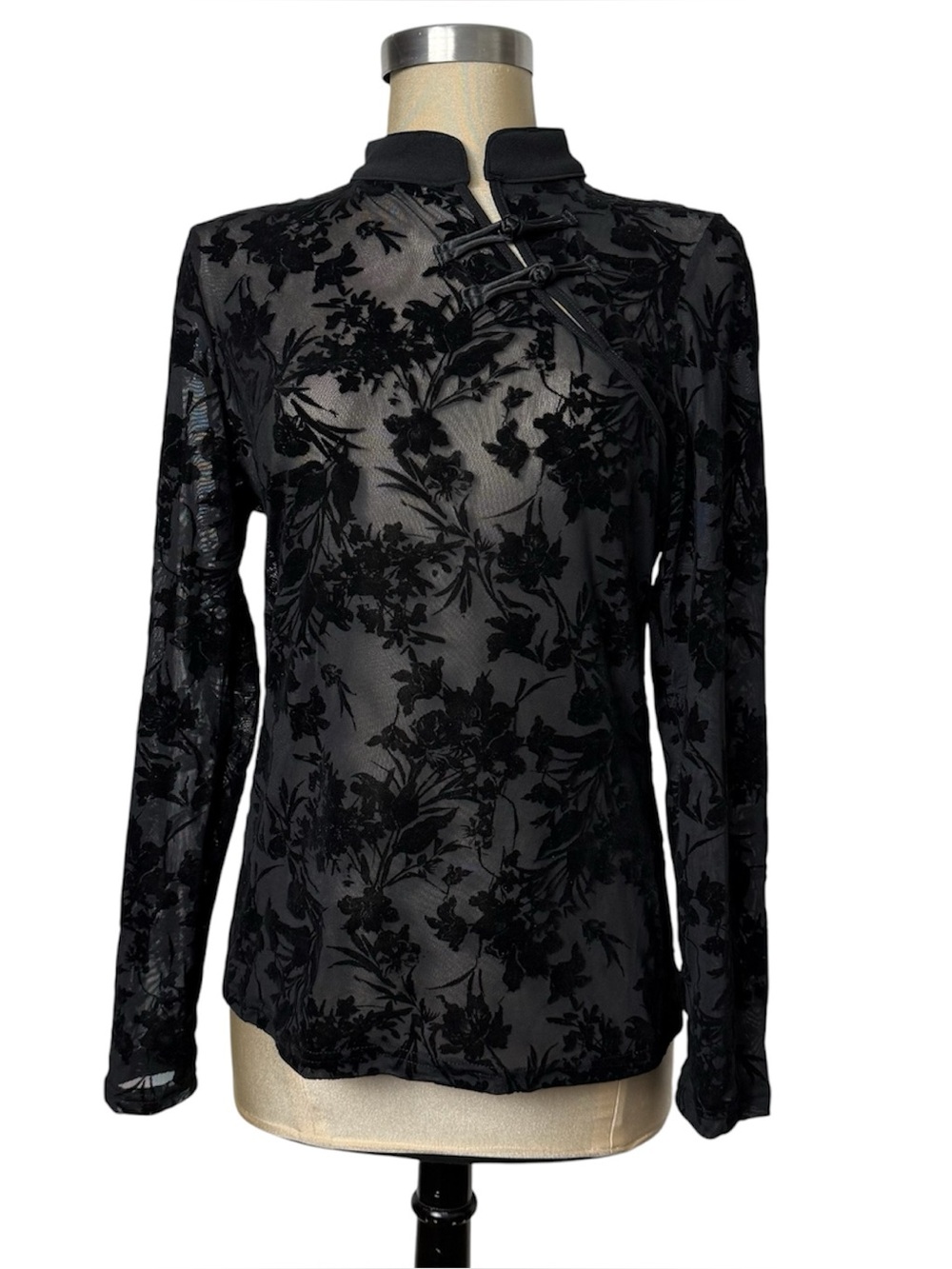 Chinese Style Sheer Floral Mesh Frog Button Top Goth Y2K Medium